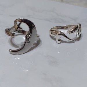 2 PIECES RING SET MOON STARS & ANIMALS ADJUSTABLE RINGS SILVER TONE